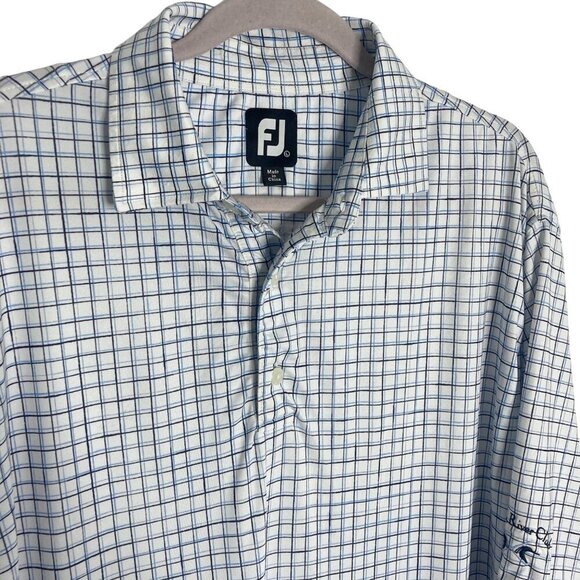 FJ Polo Shirt Mens L Geometric Performance Golf Checked Indian‎ River Blue White - Picture 1 of 5
